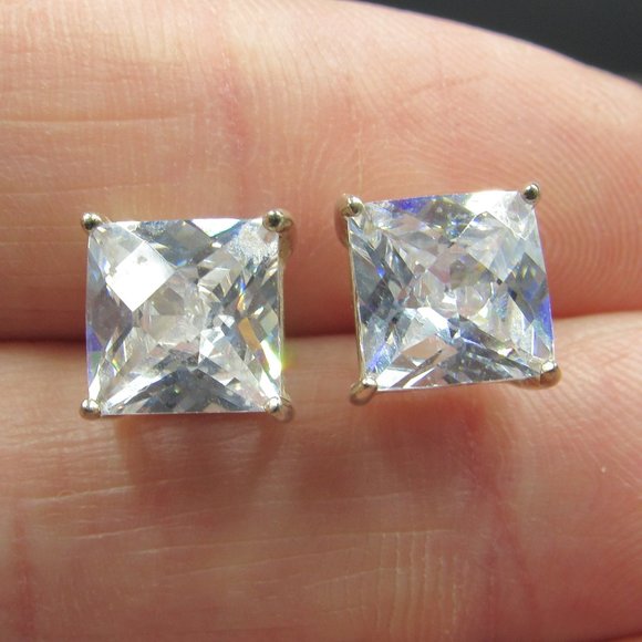 Sterling Silver Square Great Cut CZ Gem Earrings